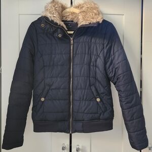 Blue Puffer Jacket With Furry Collar